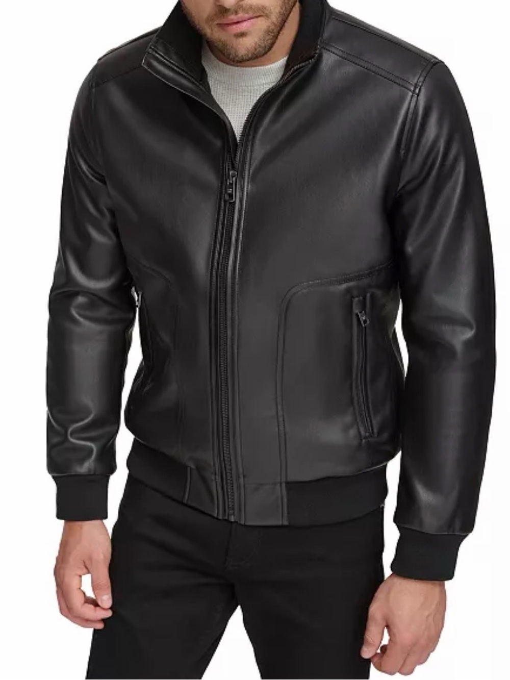 NEW Calvin Klein Men's Black Faux-Leather Bomber Jacket